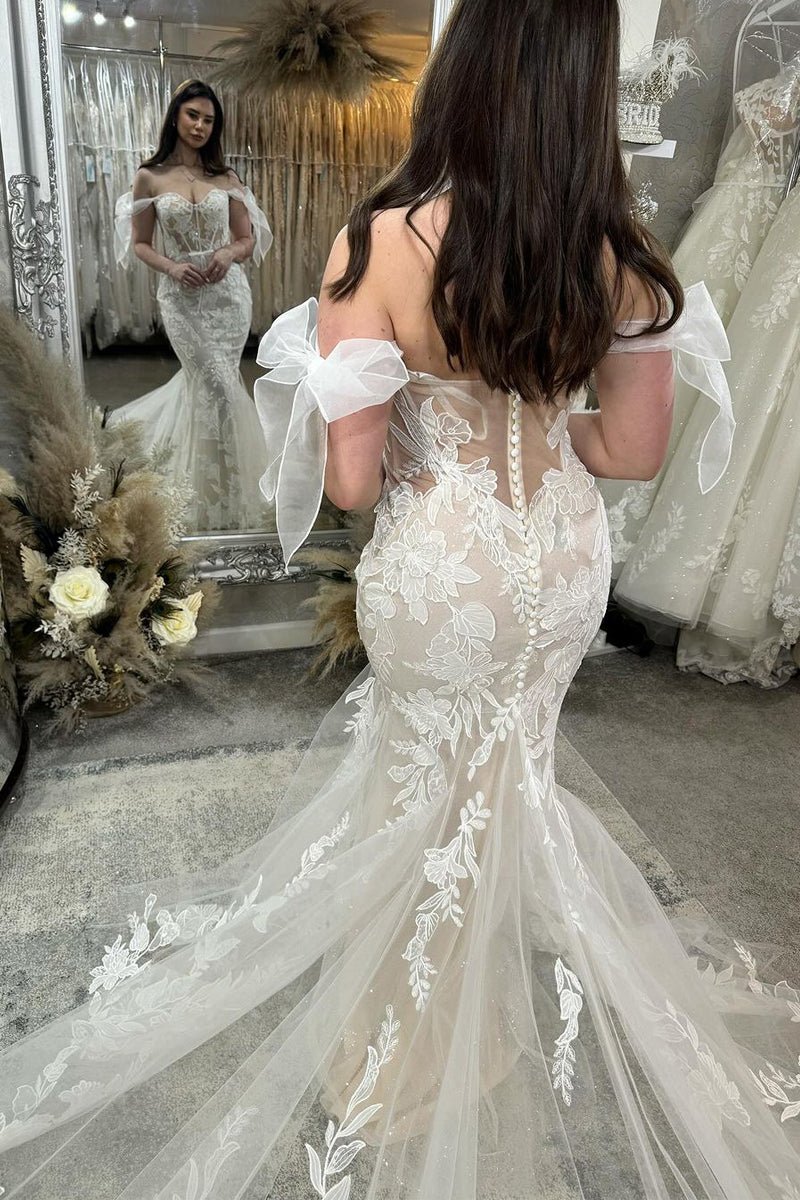 Princesss Mermaid Off the Shoulder Tulle Appliques Wedding Dresses