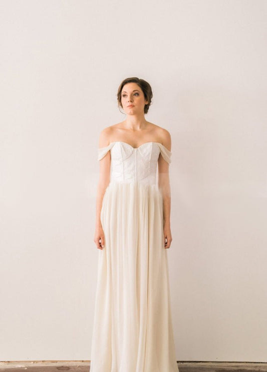 Chiffon  A-line Off-the-Shoulder Backless Beach Wedding Dress with Lace Bodice