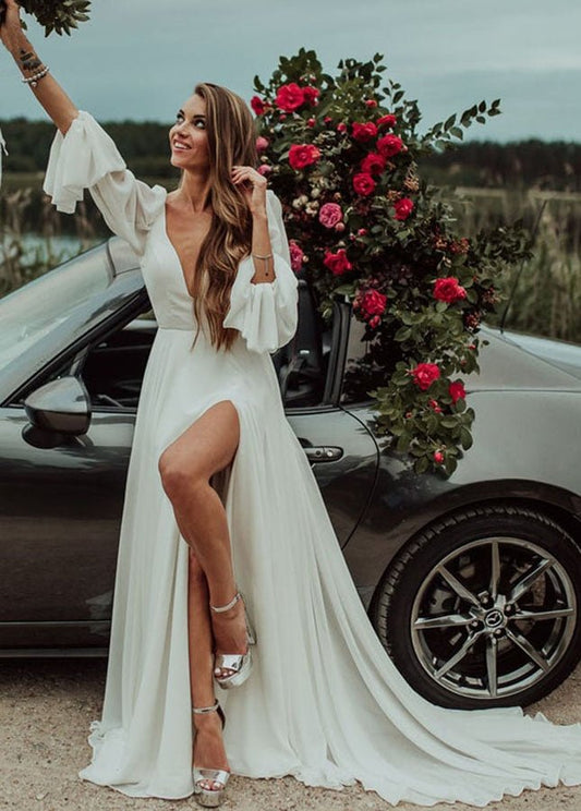 Chiffon A-Line High Slit Beach Long-Sleeve V-Neck Romantic Wedding Dresses