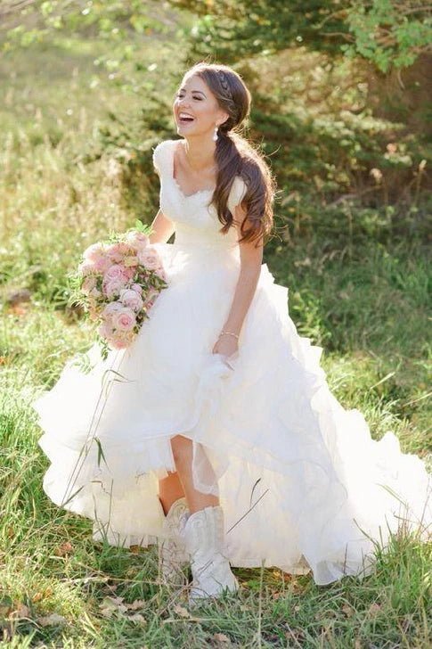 V-neck Ruffles Tiered Skirt A-line Lace Organza Wedding Dress with Cap Sleeves