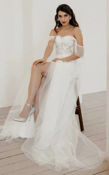 Bohemian A Line Sweetheart Sweep Train Wedding Dress with Split Front