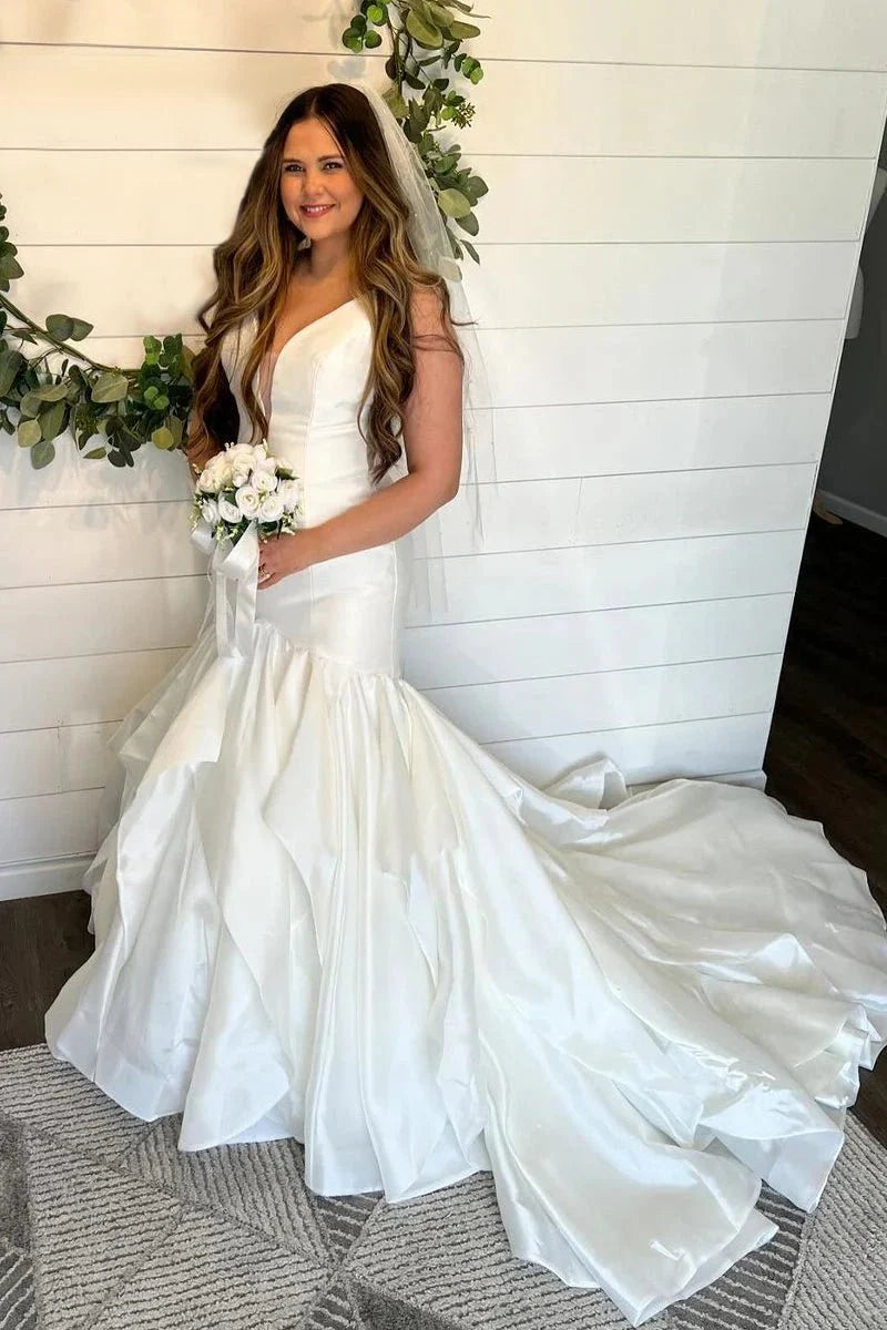 Elegant Mermaid V Neck Satin Wedding Dresses