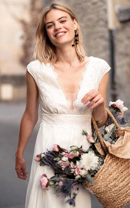 Ethereal Chiffon Lace V-neck A Line Short Sleeve Wedding Dress with Low-V Back