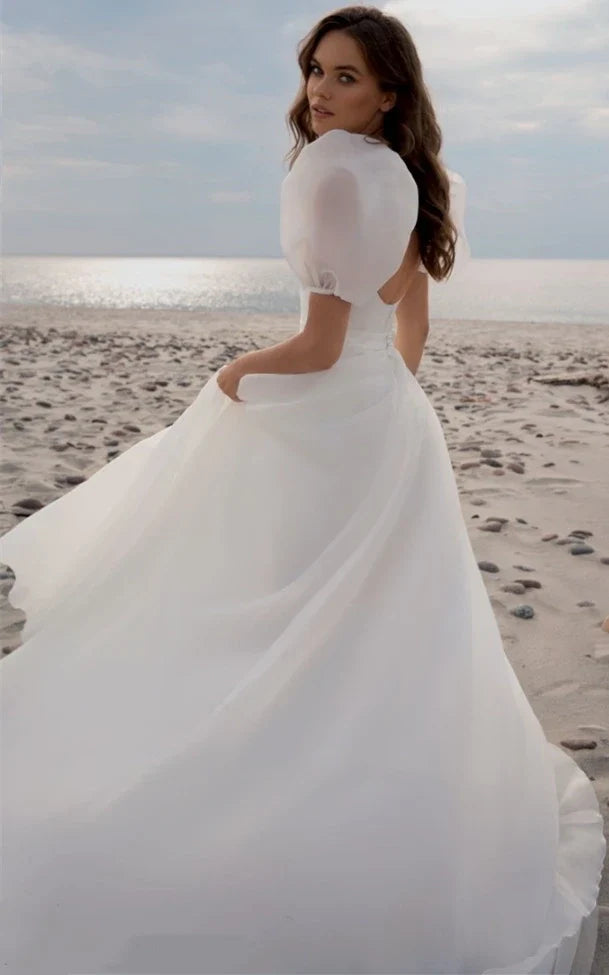 Ethereal Scoop A Line Chiffon Court Train Wedding Dress with Ruching