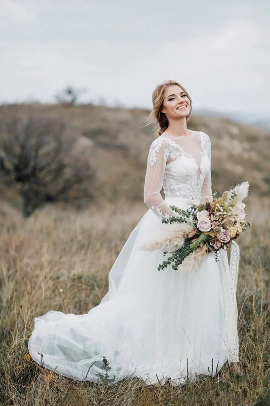 Glamorous Bohemian Illusion Sleeves Lace Two Piece Court Train Wedding Dress