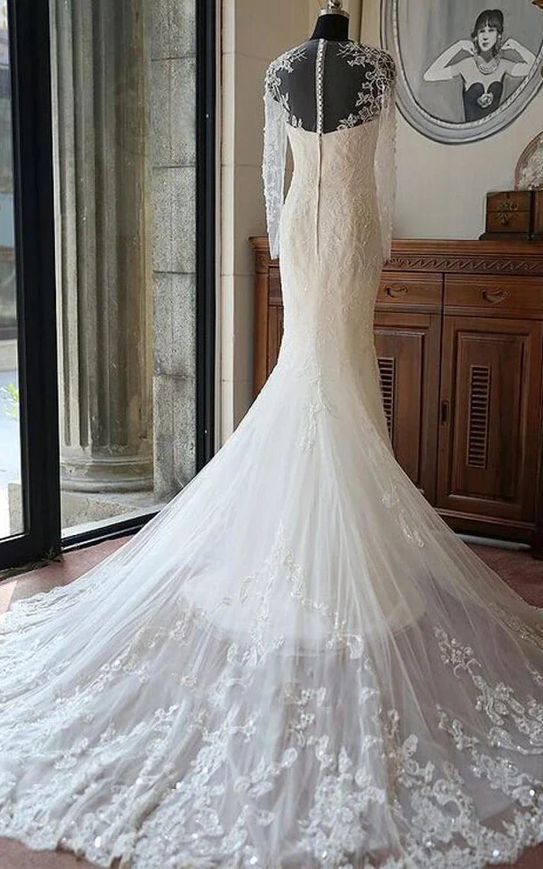 Illusion Scoop-Neck Long Sleeve Mermaid Wedding Dress With Beading And Chapel Train