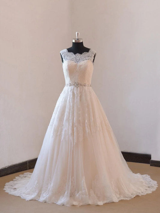 Ivory a Line Champange Blush Lining Lace Wedding Dress With Illusion Neckline