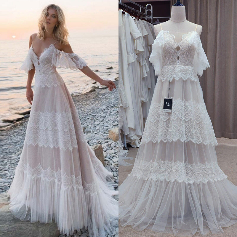 Bohemian Beach Champagne Spaghetti Straps Backless Wedding Dresses