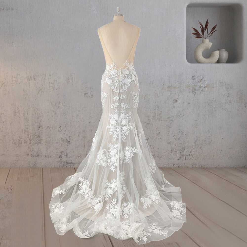 Mermaid Bohemian Lace Illusion V-Neck Wedding Dress