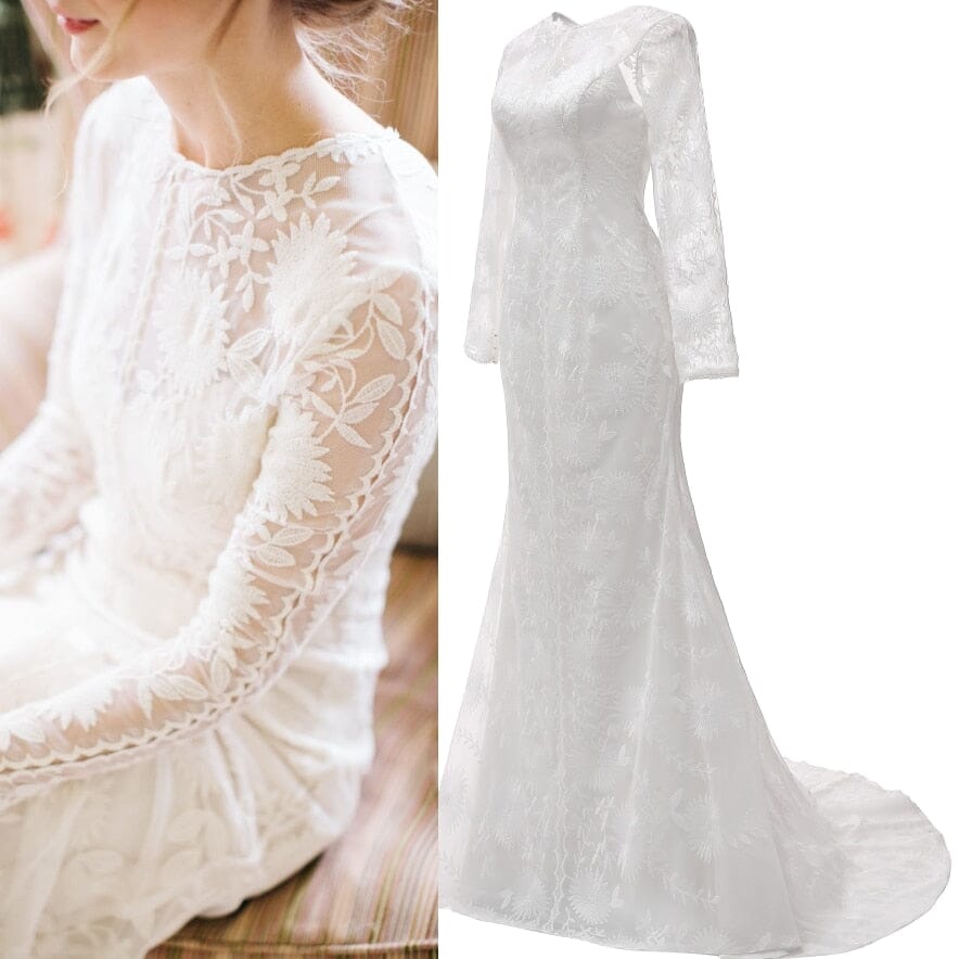Mermaid Lace Embroidery Long Sleeves Wedding Dress