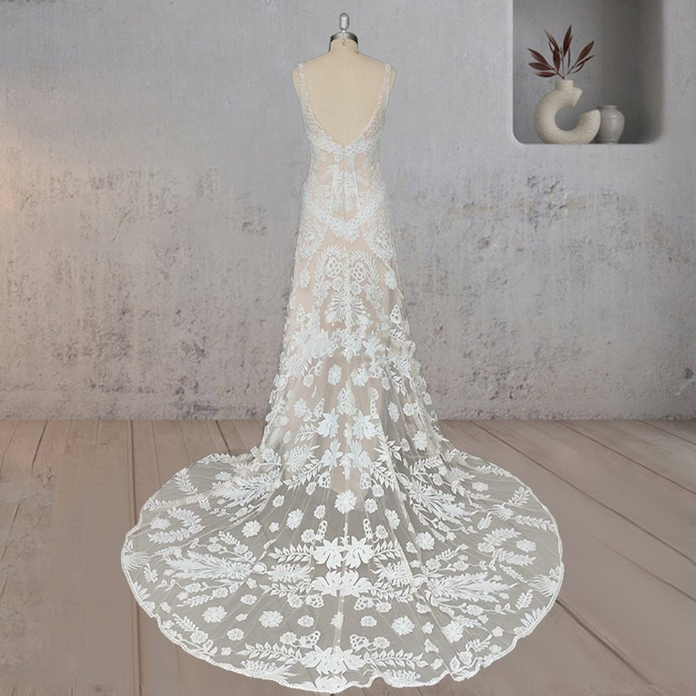 Mermaid Lace V Neck Appliques Wedding Dress