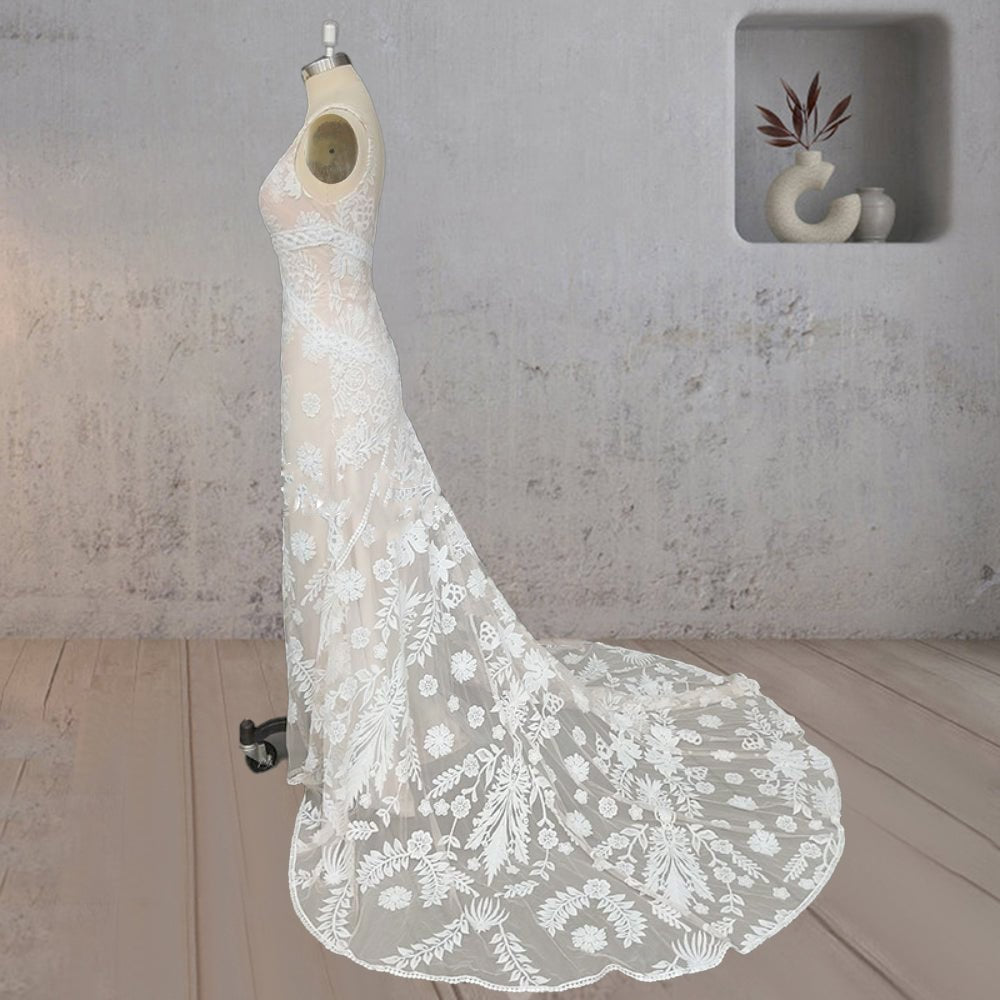 Mermaid Lace V Neck Appliques Wedding Dress