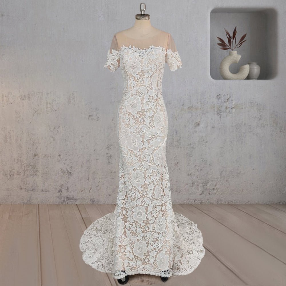 Mermaid Scoop Illusion Neck Floral Wedding Dress