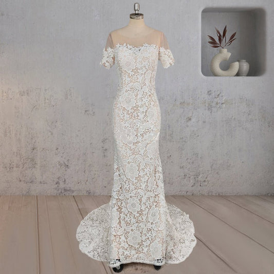 Mermaid Scoop Illusion Neck Floral Wedding Dress