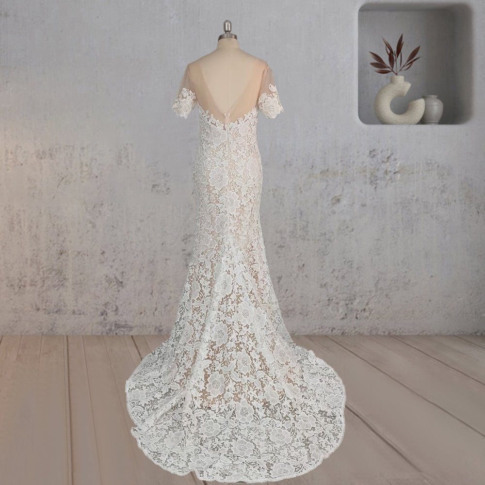 Mermaid Scoop Illusion Neck Floral Wedding Dress