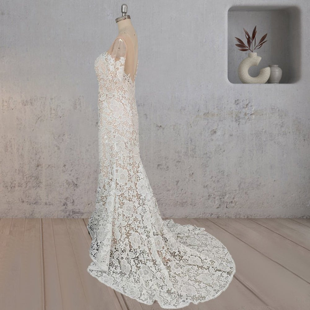 Mermaid Scoop Illusion Neck Floral Wedding Dress