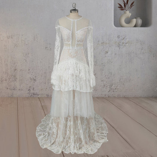 Mermaid Tiered Lace Train Boho Beach Wedding Dress