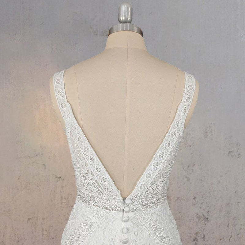 Mermaid White V Neck Illusion Wedding Dress