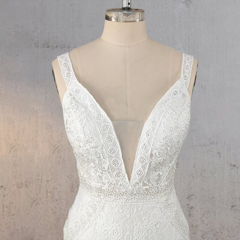 Mermaid White V Neck Illusion Wedding Dress