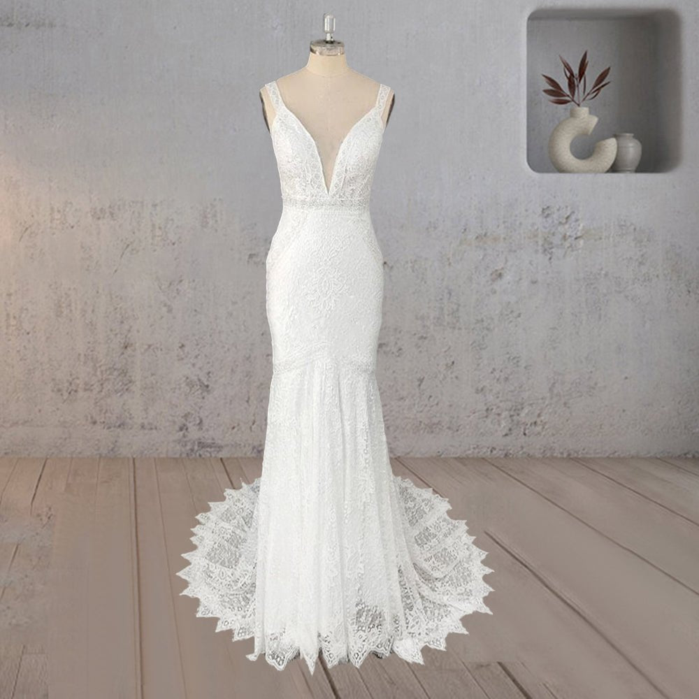 Mermaid White V Neck Illusion Wedding Dress