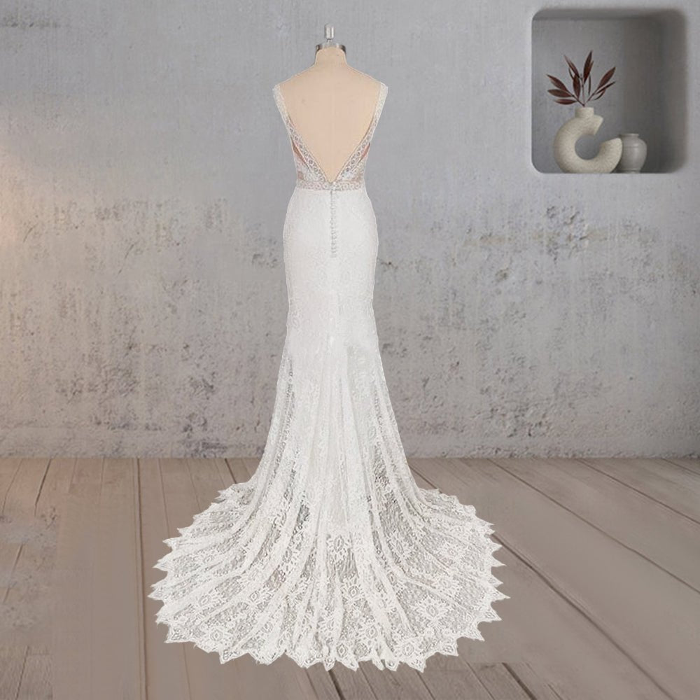 Mermaid White V Neck Illusion Wedding Dress