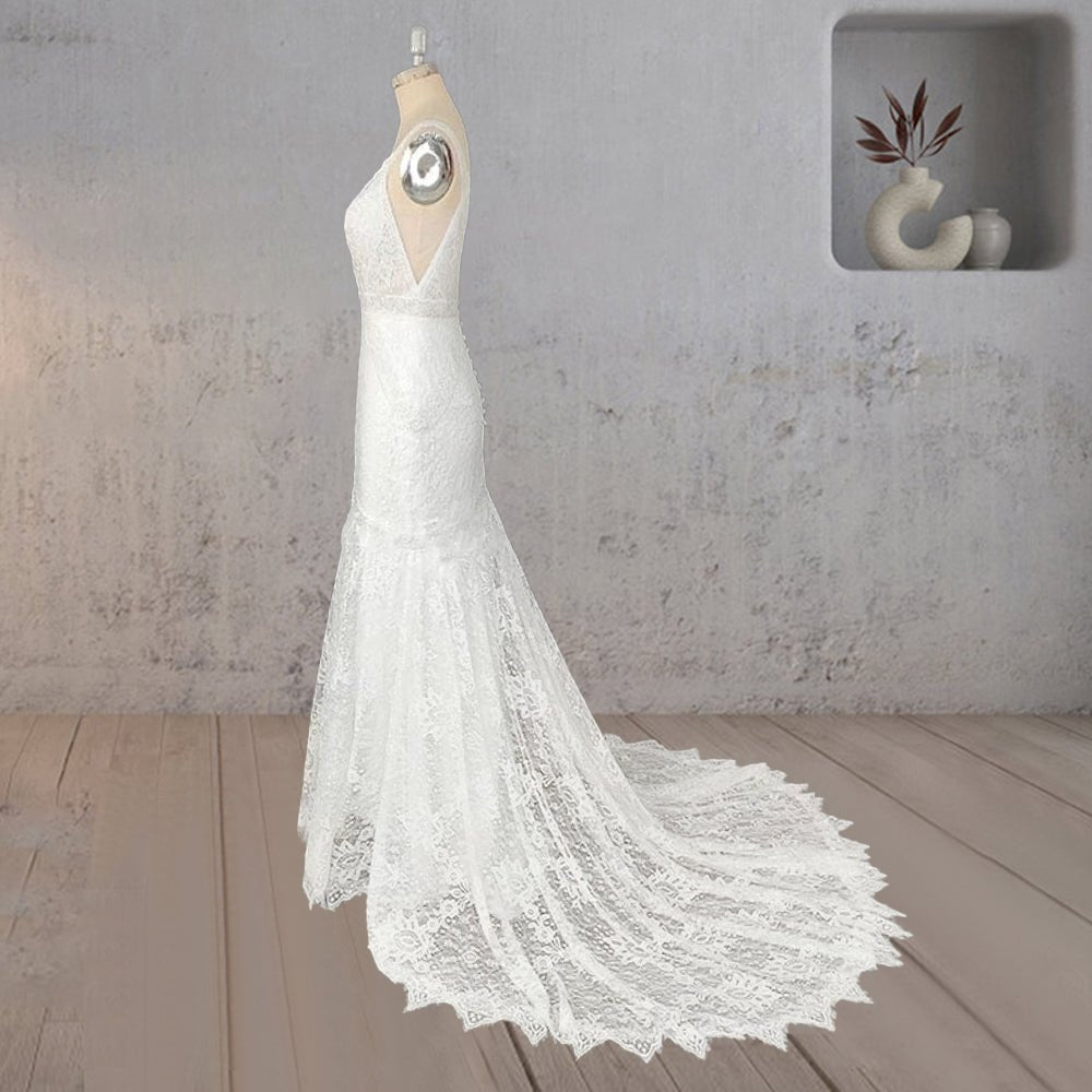 Mermaid White V Neck Illusion Wedding Dress