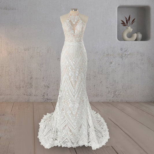 Mermaid White Halter Lace Appliqued Wedding Dress
