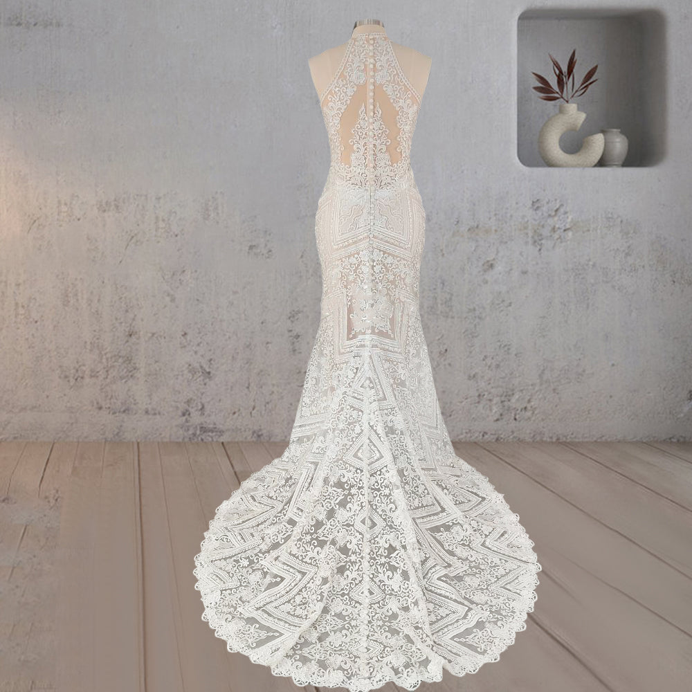 Mermaid White Halter Lace Appliqued Wedding Dress