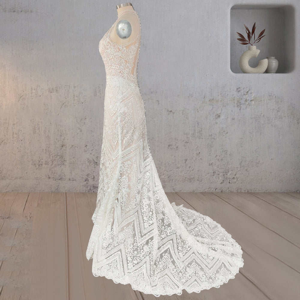 Mermaid White Halter Lace Appliqued Wedding Dress