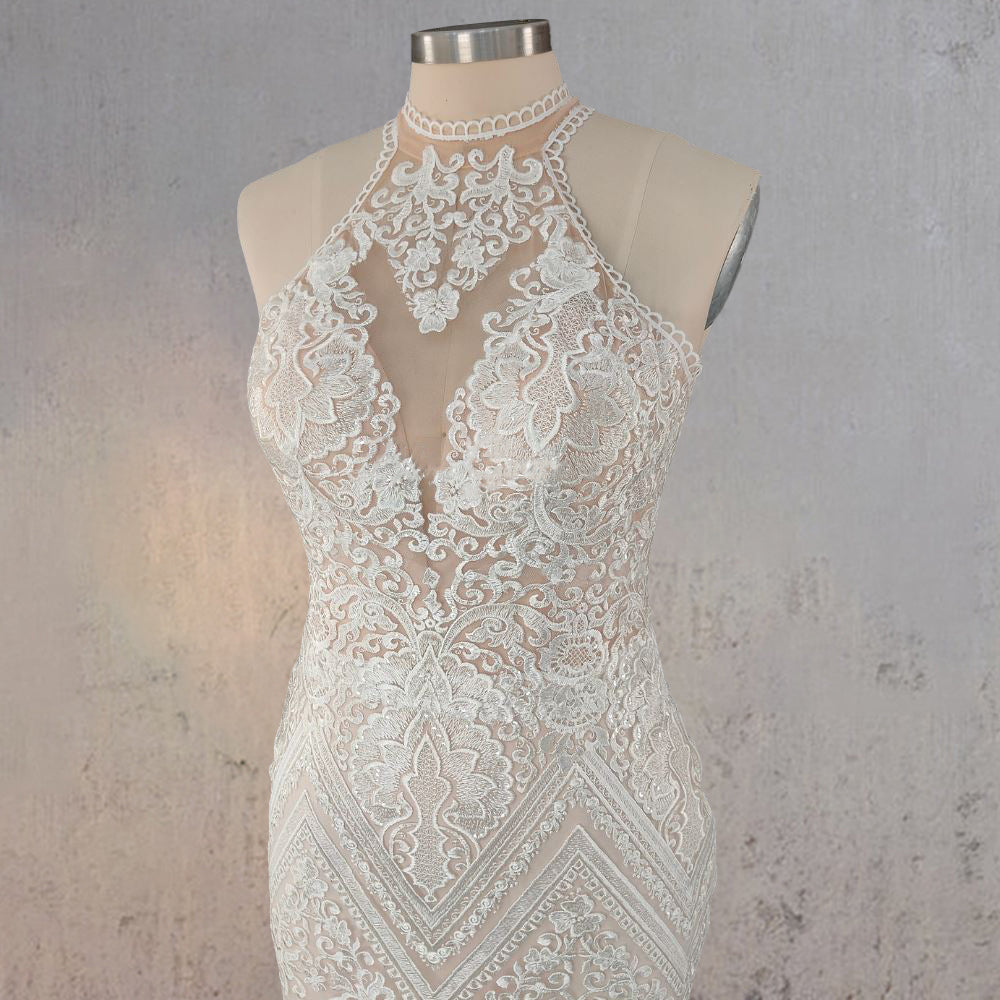 Mermaid White Halter Lace Appliqued Wedding Dress