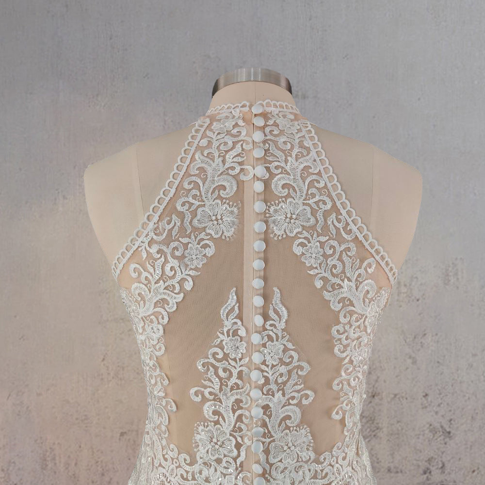Mermaid White Halter Lace Appliqued Wedding Dress