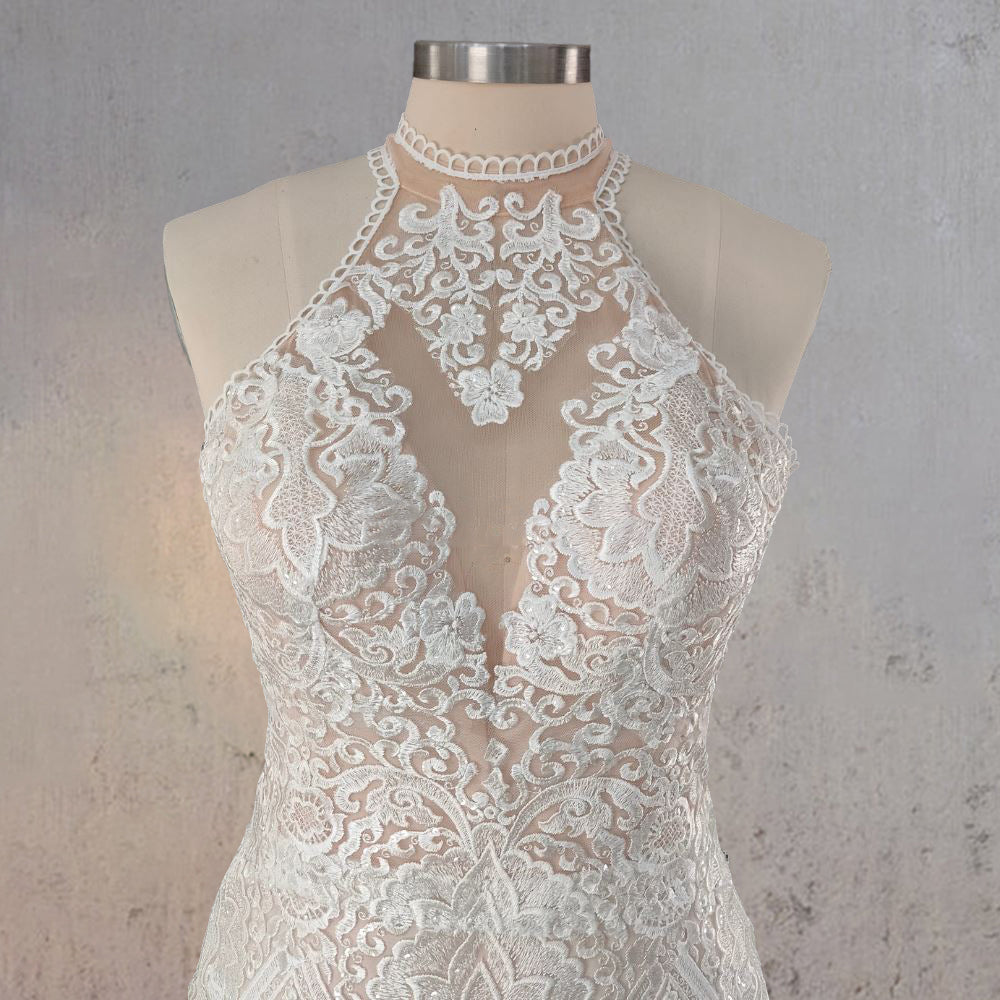 Mermaid White Halter Lace Appliqued Wedding Dress