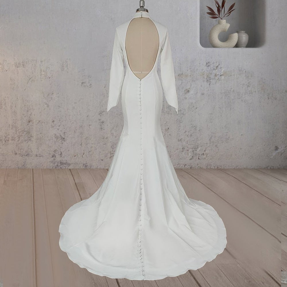 Mermaid White Open Back High Neck Wedding Dress