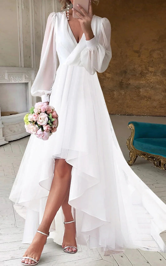 A-Line V-Neck Long Sleeves Elegant Casual Asymmetrical Chiffon Wedding Dress with Zipper Back