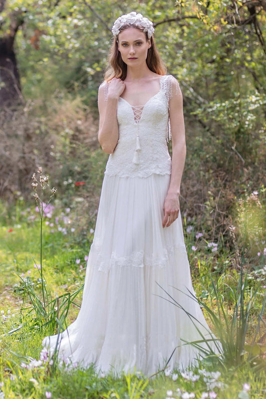 Plunged A-Line Pleated Wedding Dress With Appliques And Beading