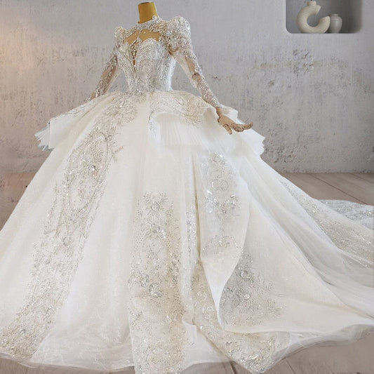 Princess Luxury Lace Long Sleeves Wedding Dress with Appliques