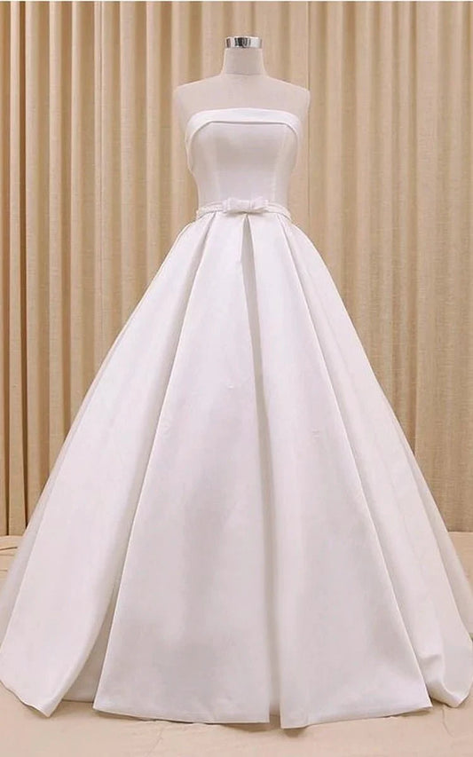 Abigale | A-Line Corset Strapless Floor Length Wedding Dress with Delicate Bow Belt