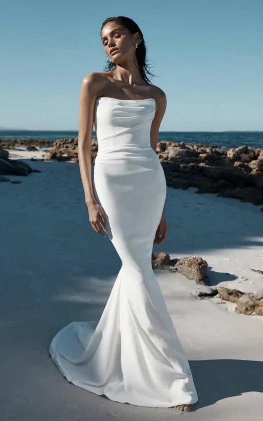 Gioia | Sexy Elegant Beach Mermaid Sleeveless Satin Modern Western Solid White Button Back Floor Length Wedding Dress