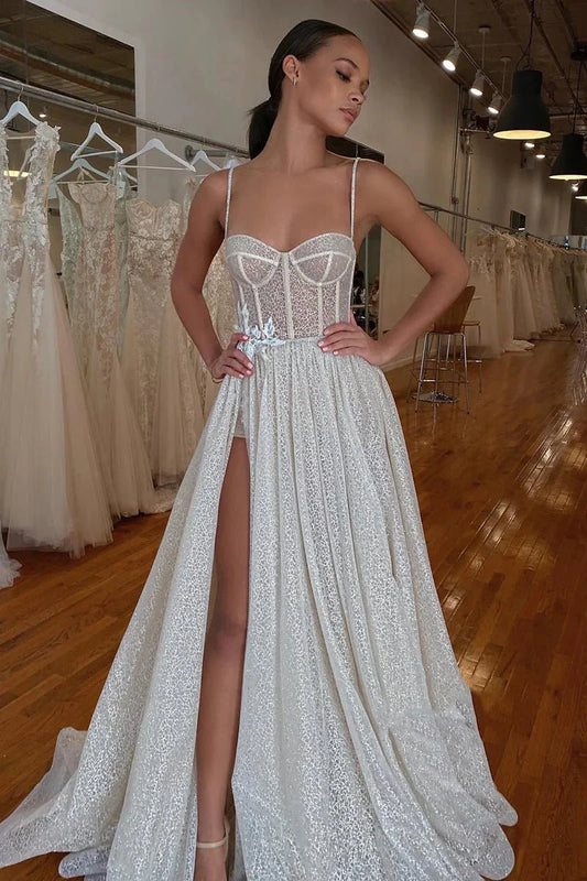 Jessa | Spaghetti Straps Lace Appliques Sparkly A-Line Wedding Dress