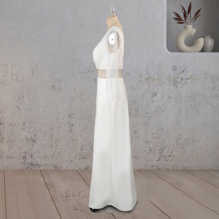Sheath V Neck White Satin Long Wedding Dress