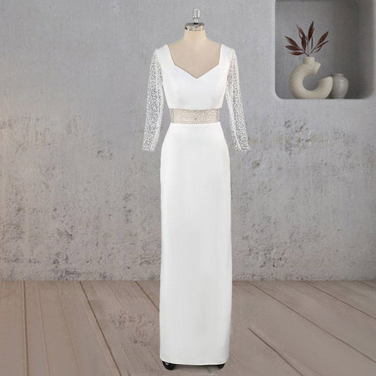 Sheath V Neck White Satin Long Wedding Dress