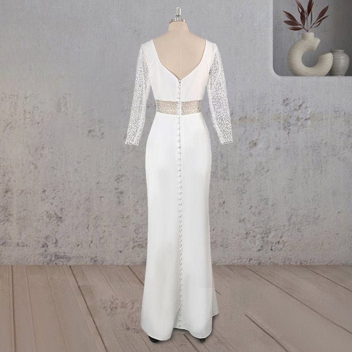 Sheath V Neck White Satin Long Wedding Dress