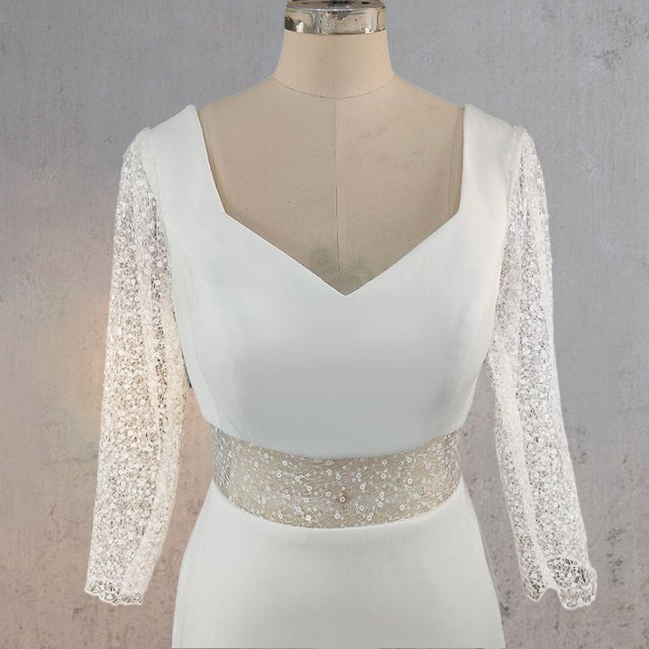 Sheath V Neck White Satin Long Wedding Dress