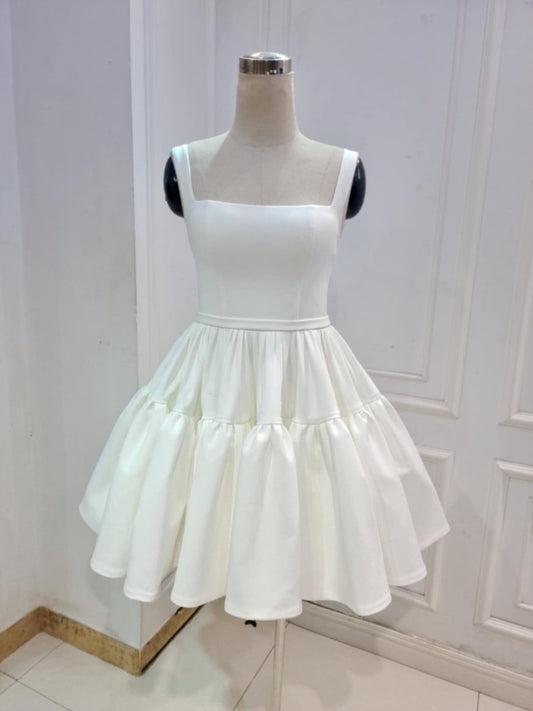 A-Line Boat-Neck Mini-Length Sleeveless Satin Pleats Wedding Dress