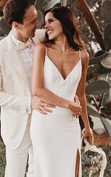 Simple Mermaid Satin Wedding Dress With Split Front And Deep-V Back