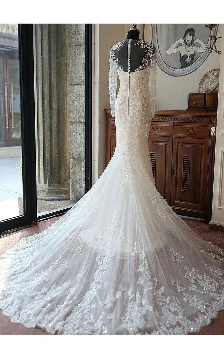 Stunning Long Sleeve Lace Appliques Mermaid Wedding Dresses with Train