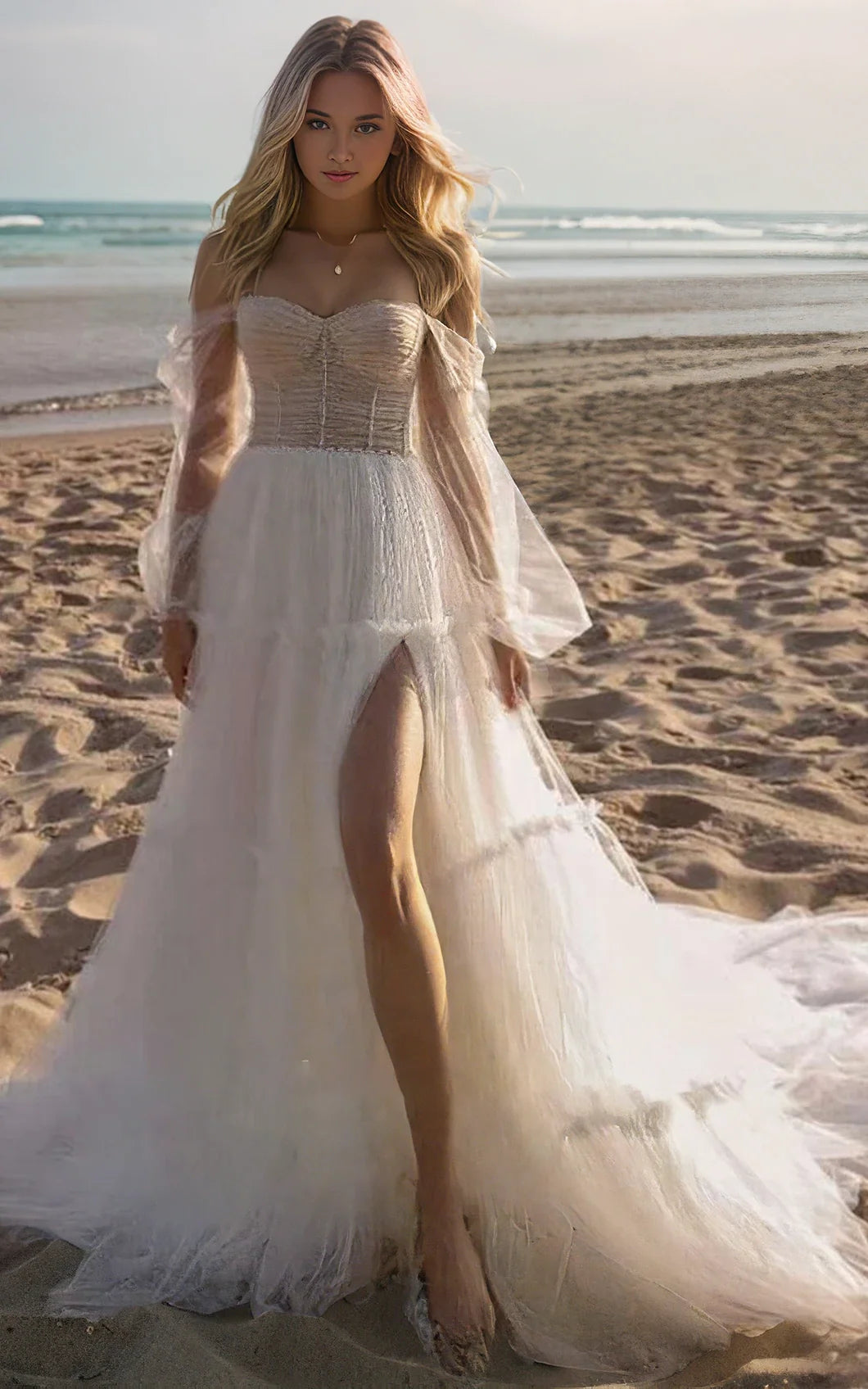 Sweetheart Neck A-Line Off-the-shoulder Fluttering Tulle Pleats Long Sleeve Wedding Dress