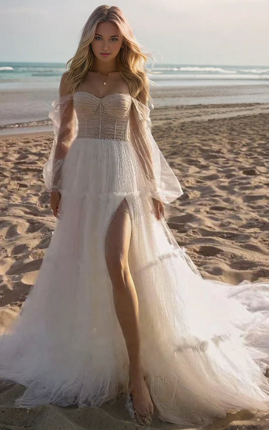 Sweetheart Neck A-Line Off-the-shoulder Fluttering Tulle Pleats Long Sleeve Wedding Dress