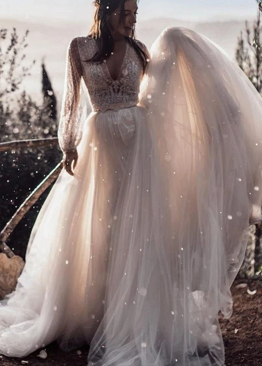 Two Piece Boho Dreamy A Line Tulle V-Neck Wedding Dresses Full Sleeve