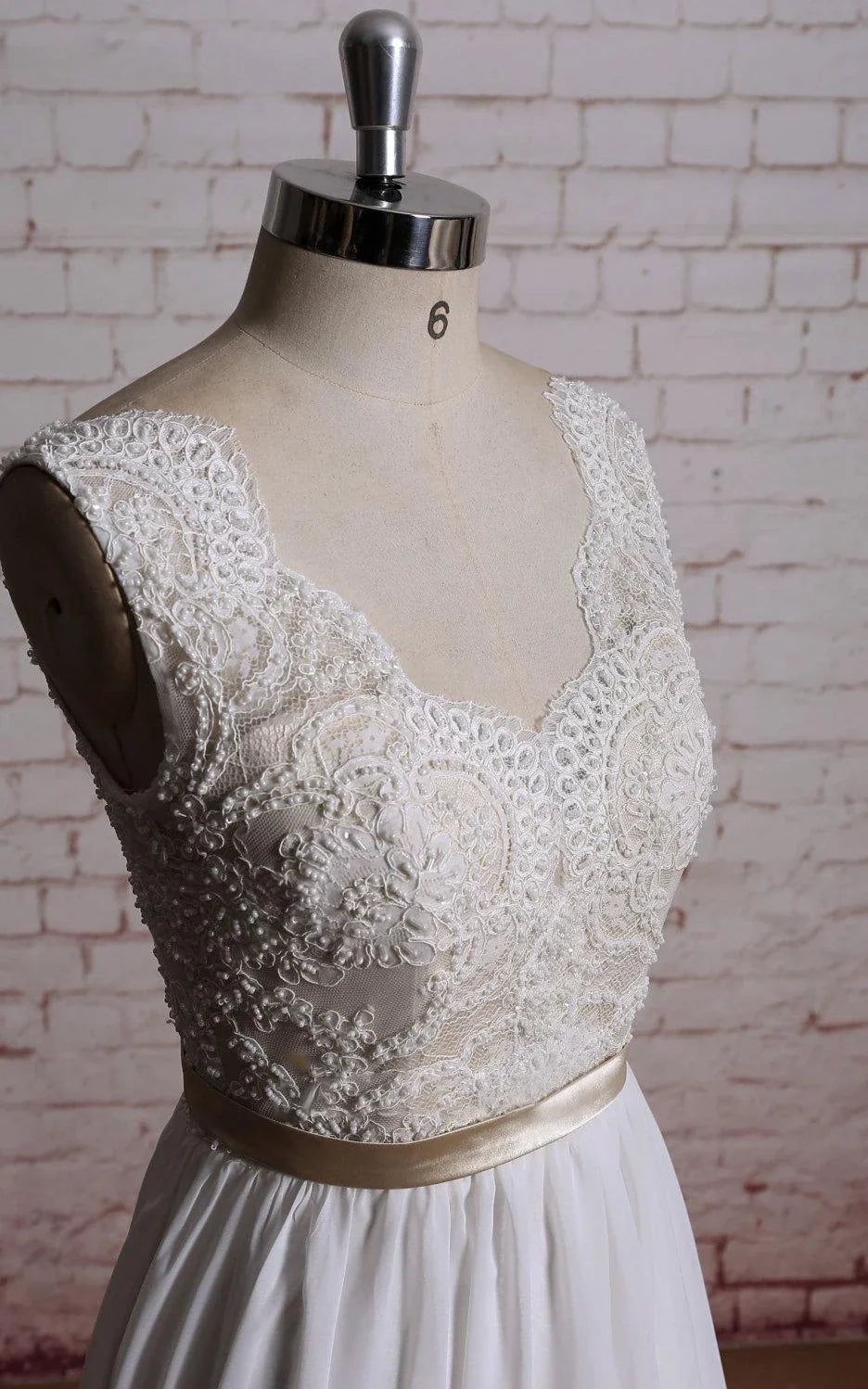 V-Neck Long Chiffon Bridal Gown With Champagne Lining of the Bodice